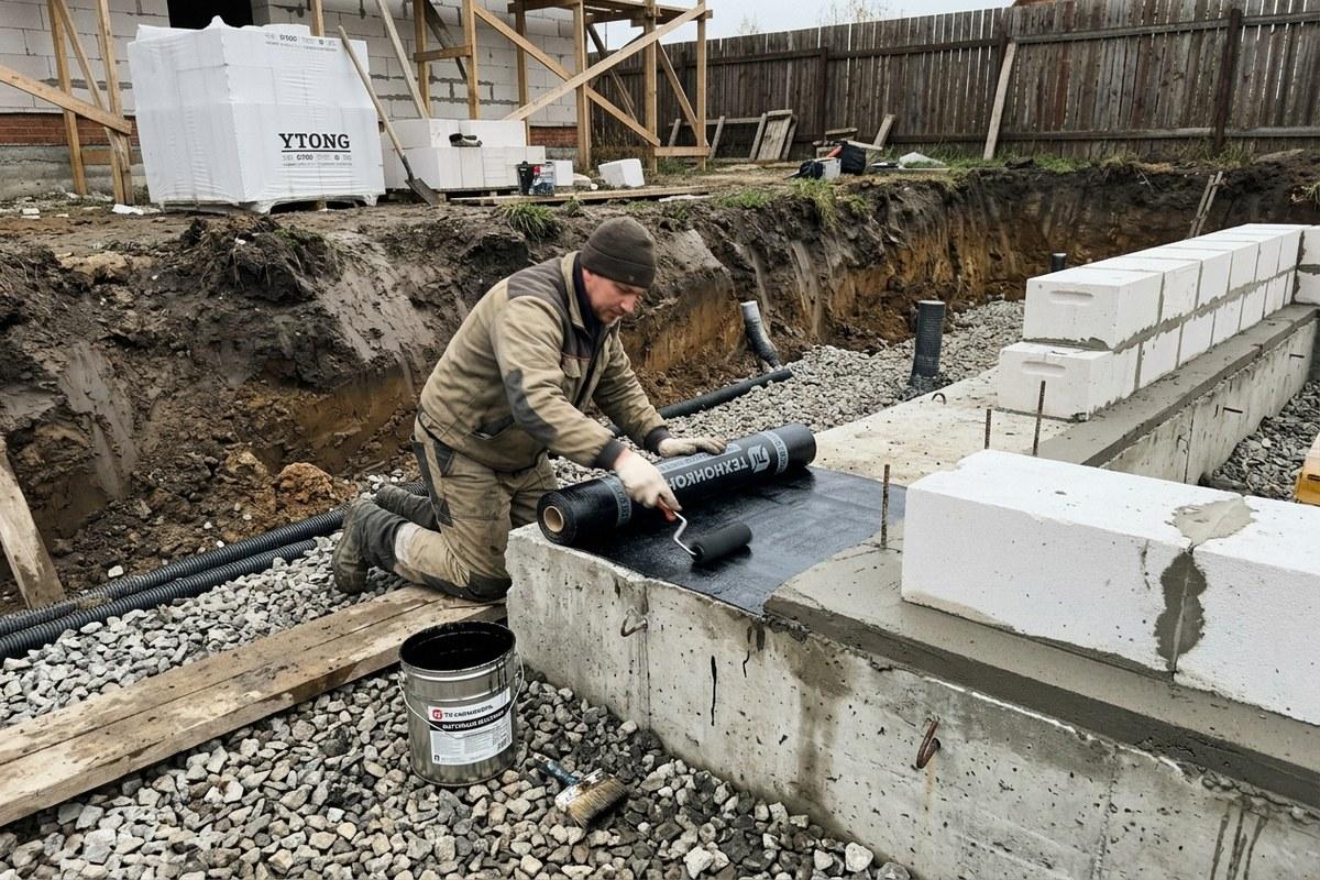 Гидроизоляция цокольного ряда автоклавных газобетонных блоков на фундаменте